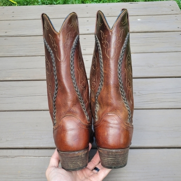 Vintage 70s Dan Post Brown Leather Braid Shaft Western Cowboy Motorcycle Boots 9 - Picture 5 of 9